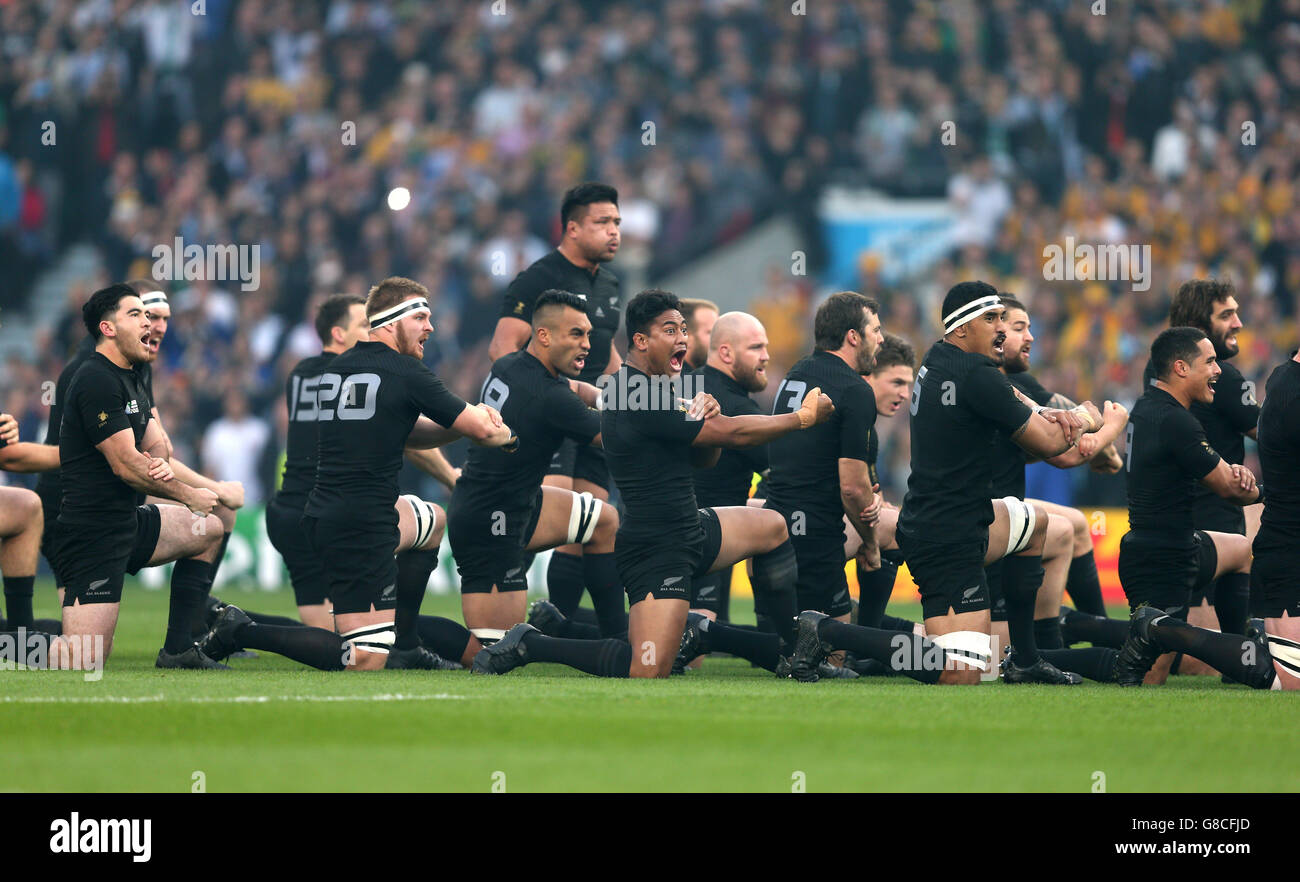 New Zealand players perform the Haka during the Rugby World Cup Final