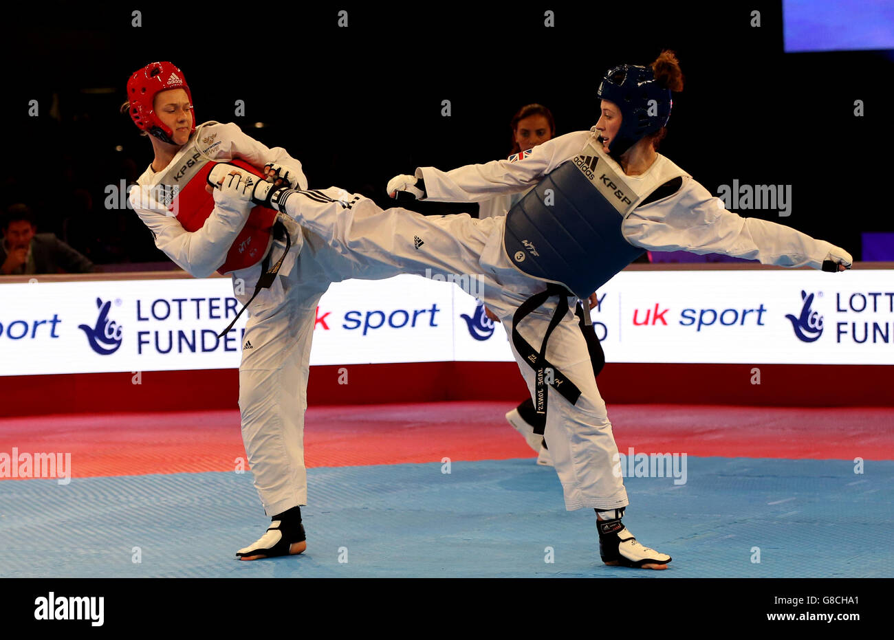 Great Britain's Jade Jones (right) in action against Sweden's Nikita Glasnovic during their Women's -57 semi final match during day two of the WTF World Taekwondo Championships at Manchester Regional Arena. Stock Photo