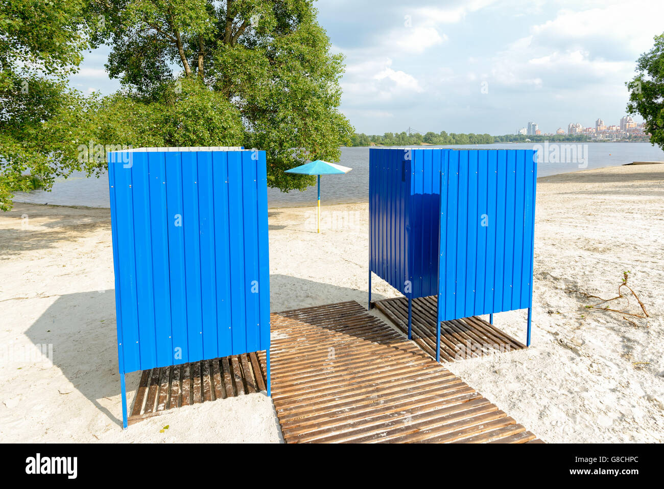 Blue metal wear changing cabins near on the sand beach near to the Dnieper river in Kiev Stock Photo