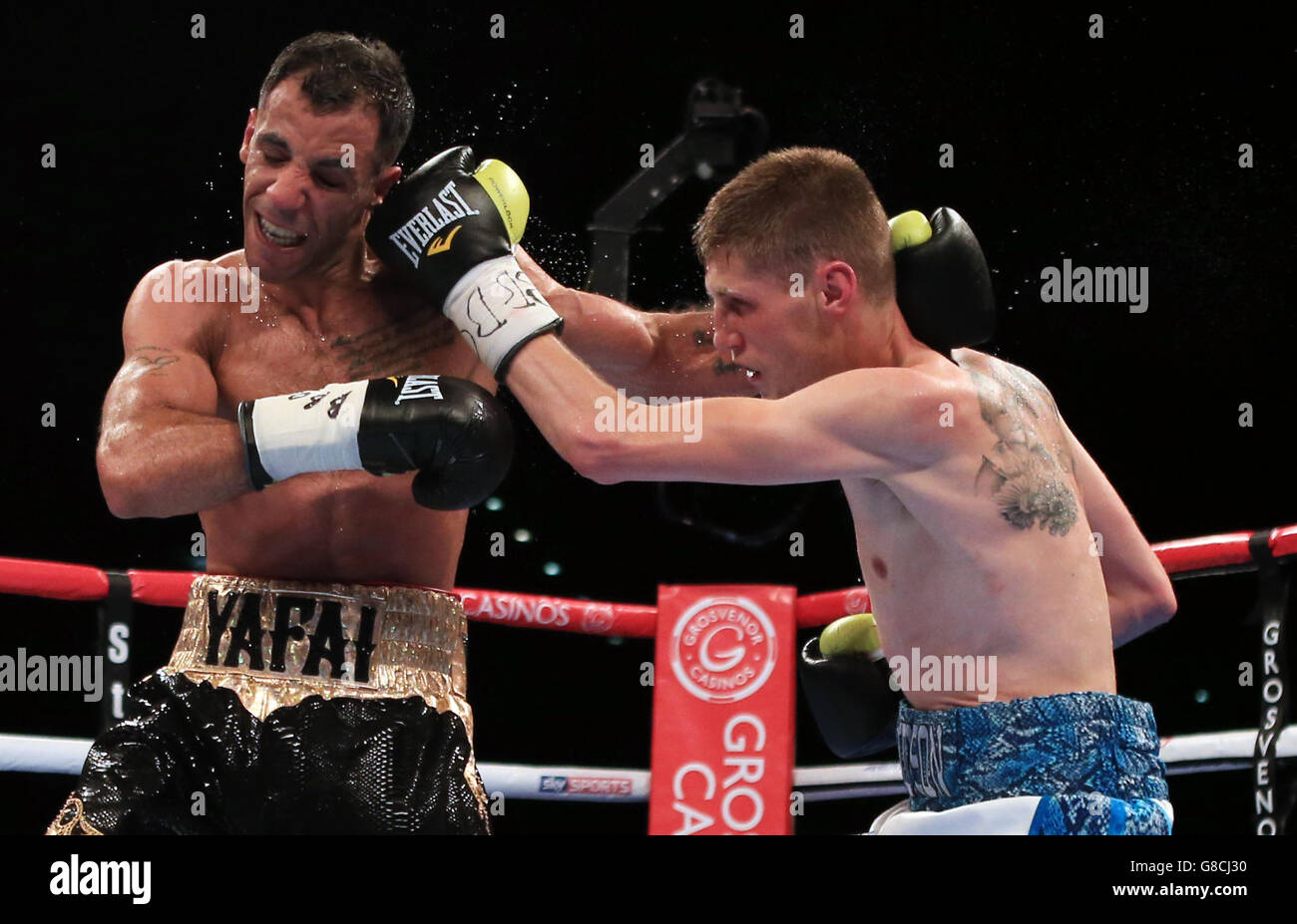 Kal Yafai (left) and Jason Cunningham during their British Super-Flyweight Contest fight at the Barclaycard Arena, Birmingham. PRESS ASSOCIATION Photo. Picture date: Saturday October 17, 2015. See PA story BOXING Birmingham. Photo credit should read: Nick Potts/PA Wire Stock Photo