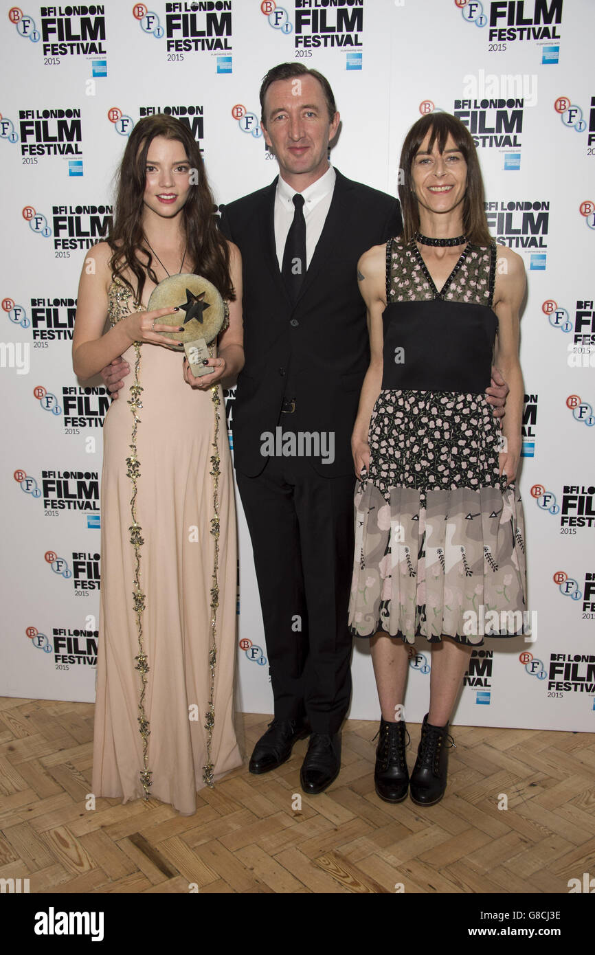 (Left to right) Anya Taylor-Joy, Ralph Ineson and Kate Dickie, stars of the film The Witch, pose with the Sutherland award at the BFI London Film Festival awards at Banqueting House in London. Stock Photo