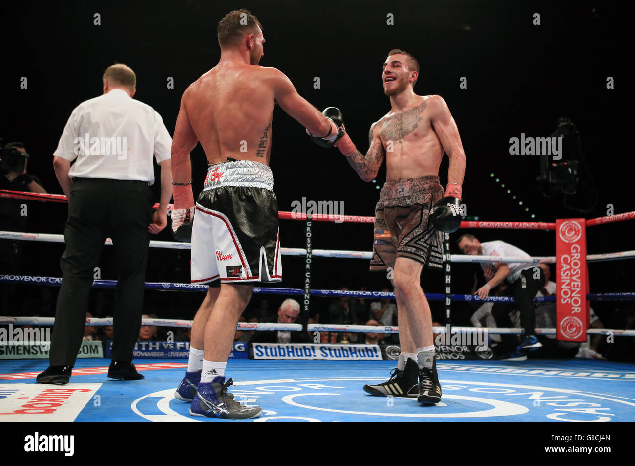 Sam Eggington (right) and Dale Evans congratulate each other after their British and Commonwealth Welterweight Championship fight at the Barclaycard Arena, Birmingham. Stock Photo