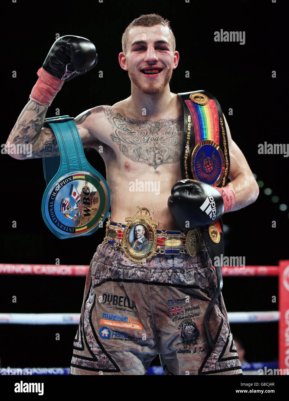 Sam Eggington celebrates his victory against Dale Evans after their British and Commonwealth Welterweight Championship fight at the Barclaycard Arena, Birmingham. Stock Photo