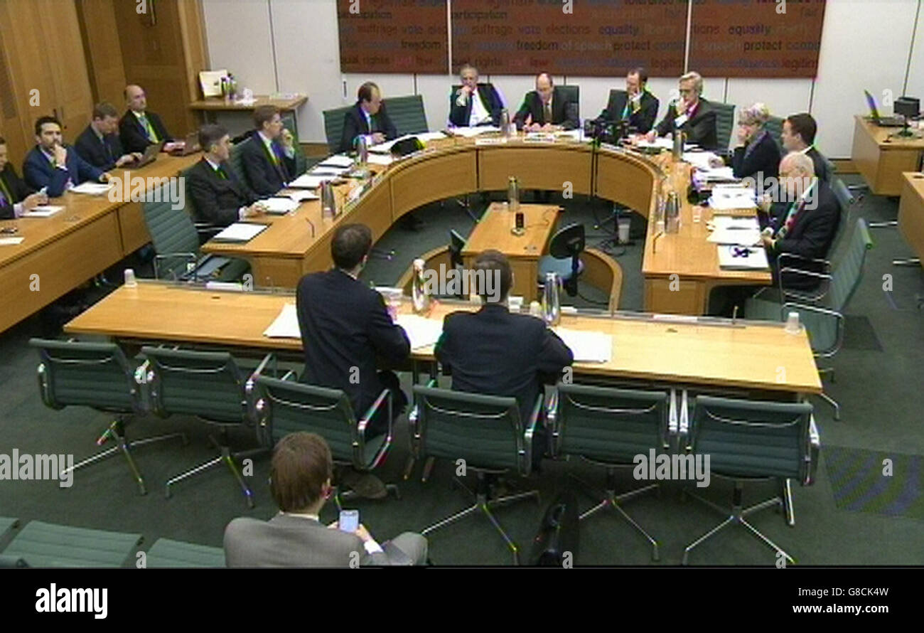 Chancellor George Osborne (front left) gives evidence to the Treasury Select Committee at Portcullis House, London. Stock Photo