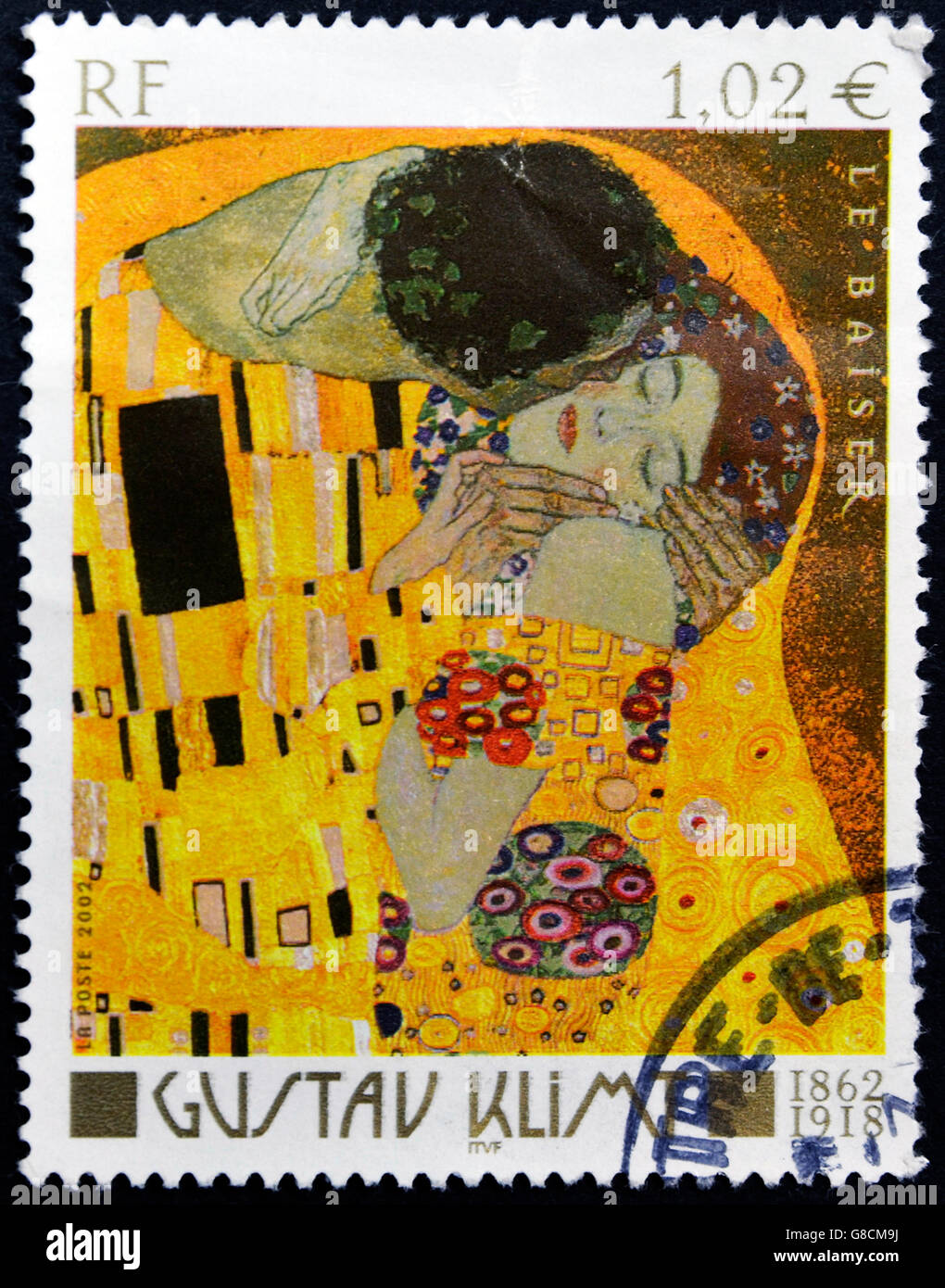 FRANCE - CIRCA 2002: A stamp printed in France shows The Kiss by Gustav Klimt, circa 2002 Stock Photo