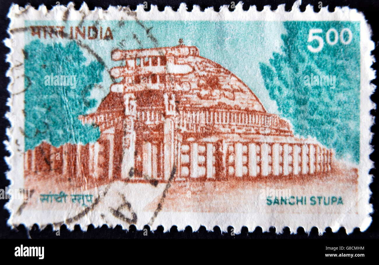 INDIA - CIRCA 1923: A stamp printed in India shows image of Sanchi Stupa, the famous Buddhist monuments,  circa 1923 Stock Photo