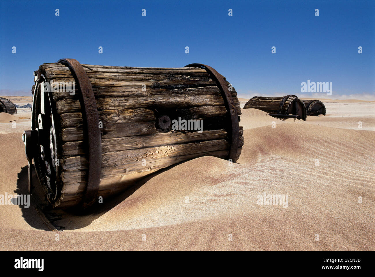 Old diamond industry water barrels, Namib Desert, Namibia. Stock Photo