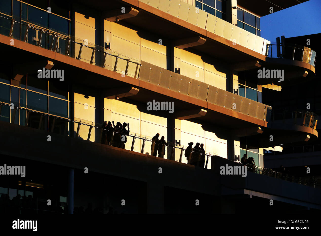 A general view of the Princess Royal Grandstand soaked in late evening sun at Cheltenham Racecourse. Stock Photo