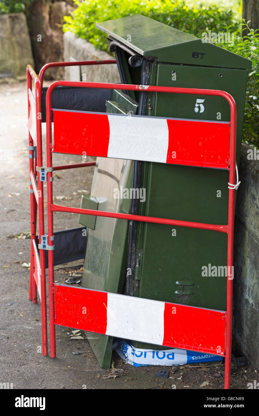 Damaged vandalised BT junction box cordoned off at Bournemouth in June Stock Photo