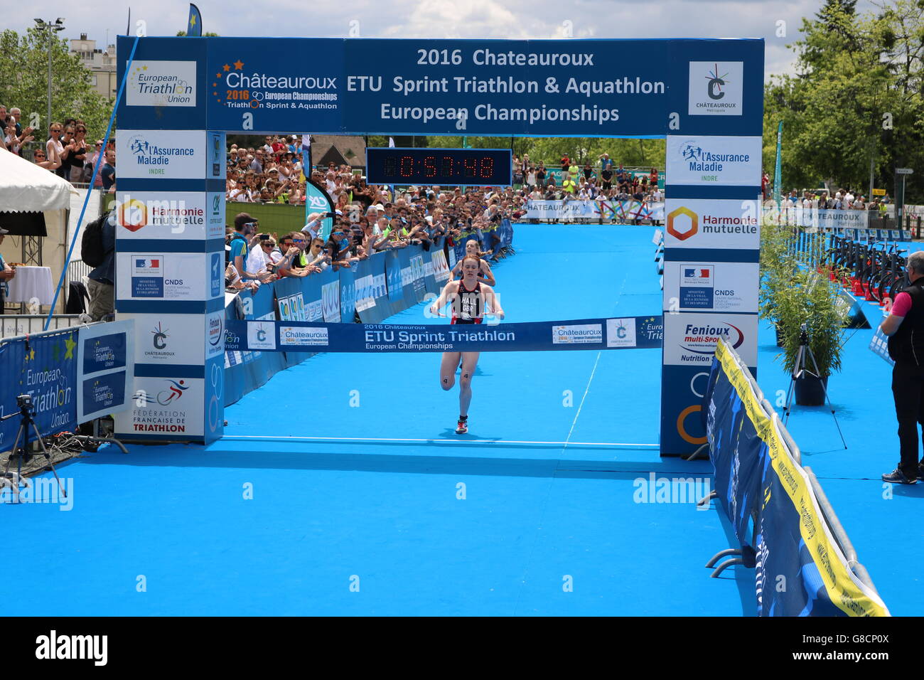 Team GB triathlete Lucy Hall wins the Elite women Sprint Championships in France. Stock Photo