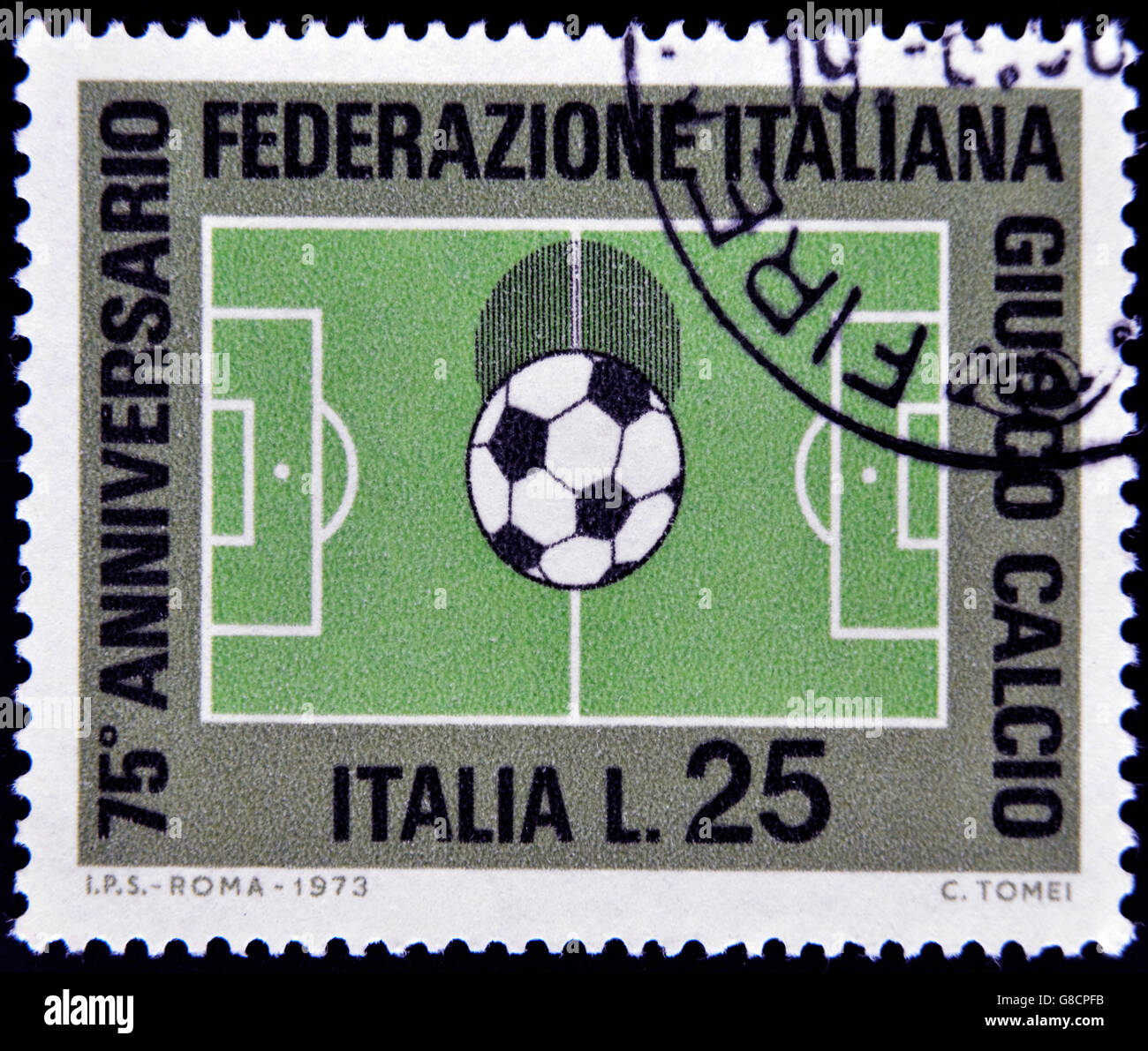 ITALY - CIRCA 1973: A stamp printed in Italy shows Football Field,  Circa 1973 Stock Photo