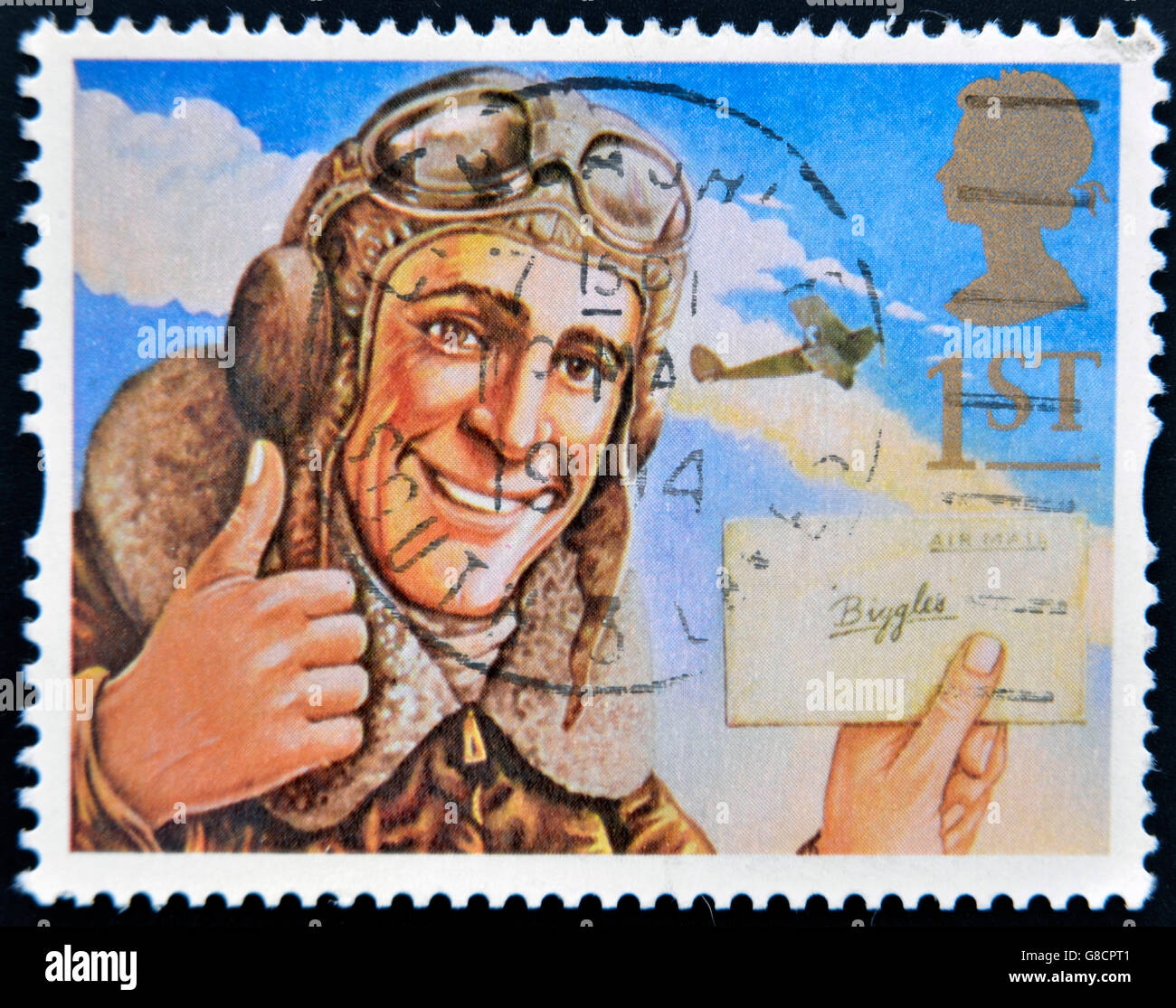 UNITED KINGDOM - CIRCA 1994: A stamp printed in Great Britain shows the comic hero, Biggles, circa 1994 Stock Photo