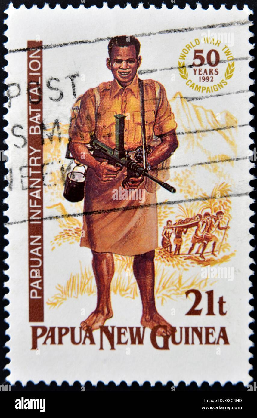 PAPUA NEW GUINEA - CIRCA 1992: A stamp printed in Papua shows papuan infantry battalion, circa 1992 Stock Photo