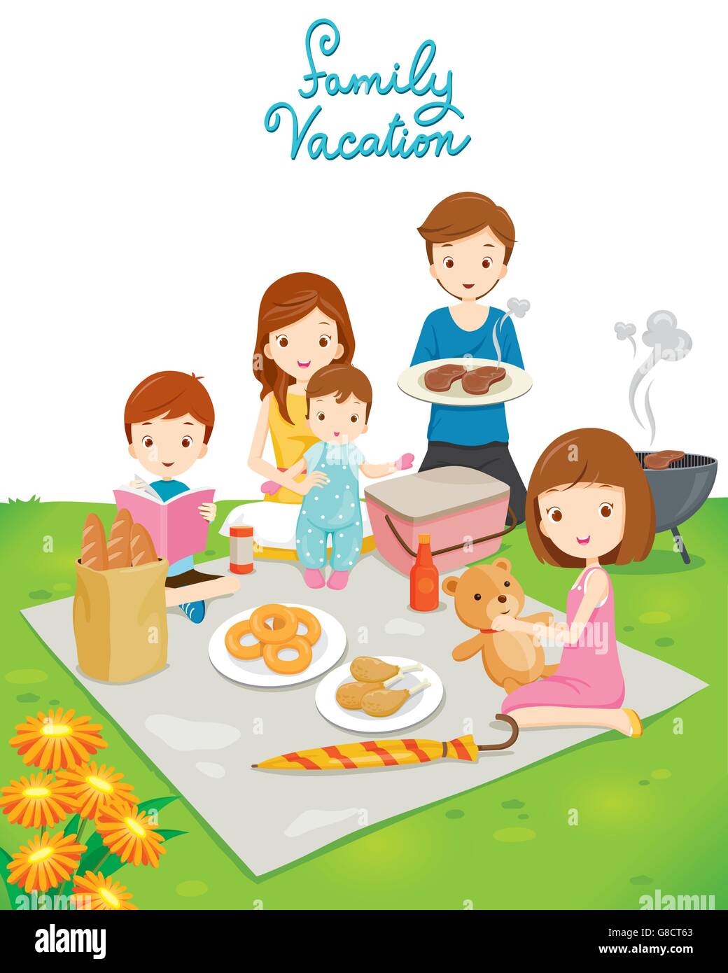 Family Picnic in Public Park, Vacations, Holiday, Eating, Relationship, Togetherness, Lifestyle Stock Vector
