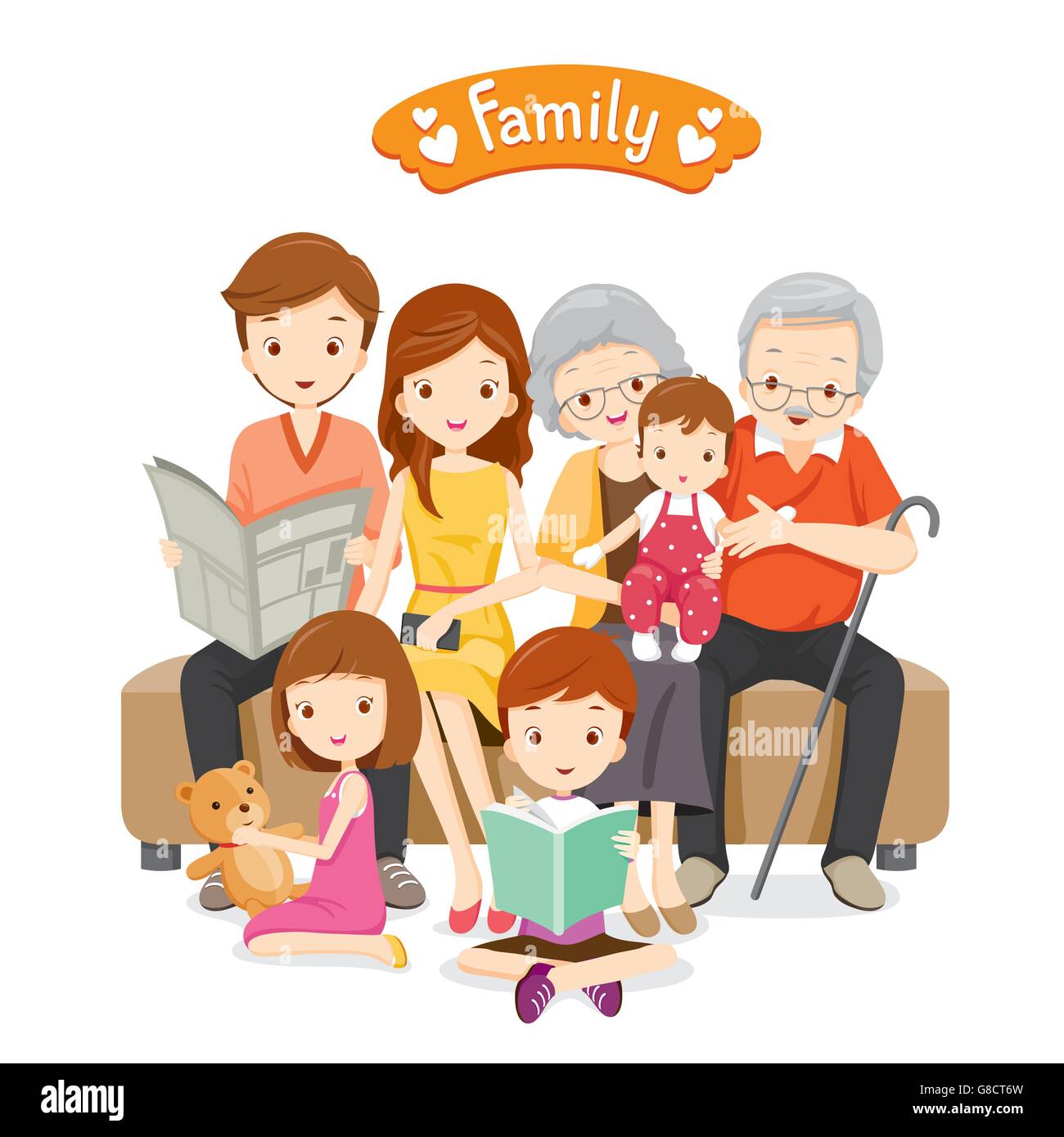 Happy Family Sitting on Sofa and Floor, Relationship, Togetherness, Vacations, Holiday, Lifestyle Stock Vector