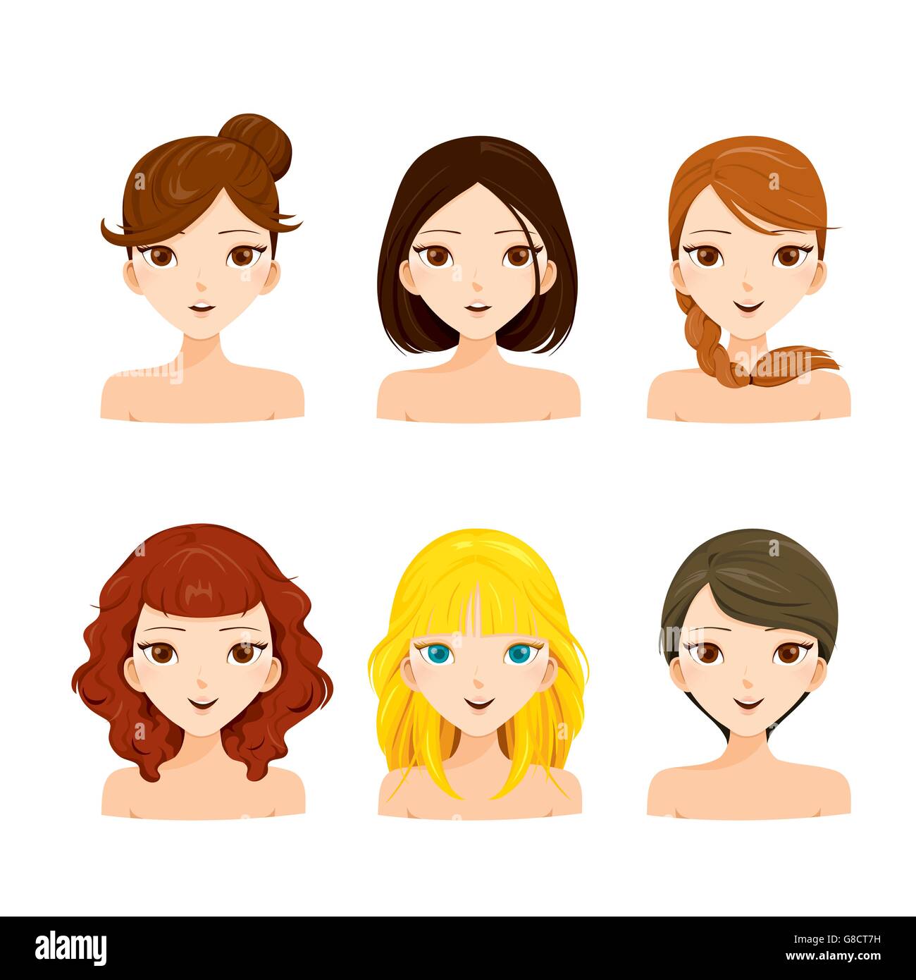 Young women faces with various hairstyles set, hair colors, ladies fashion, beauty Stock Vector