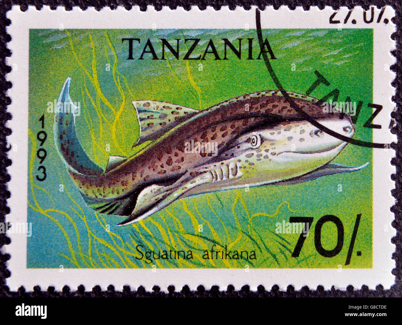 TANZANIA - CIRCA 1993: A stamp printed in Tanzania shows African angelshark, Squatina africana, circa 1993 Stock Photo