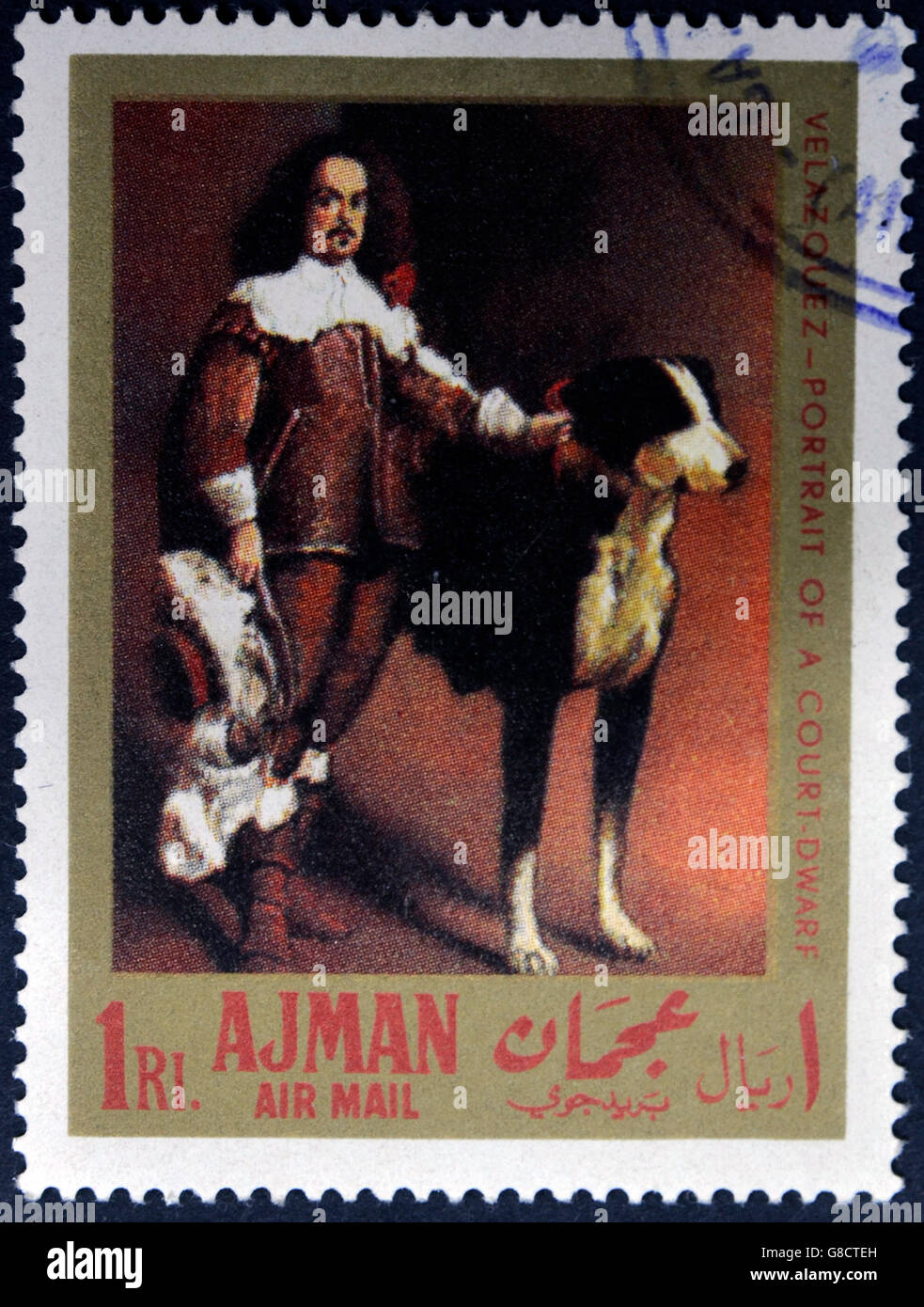 AJMAN - CIRCA 1968: A stamp printed in Ajman shows 'portrait of a court dwarf' by Velazquez, circa 1968 Stock Photo