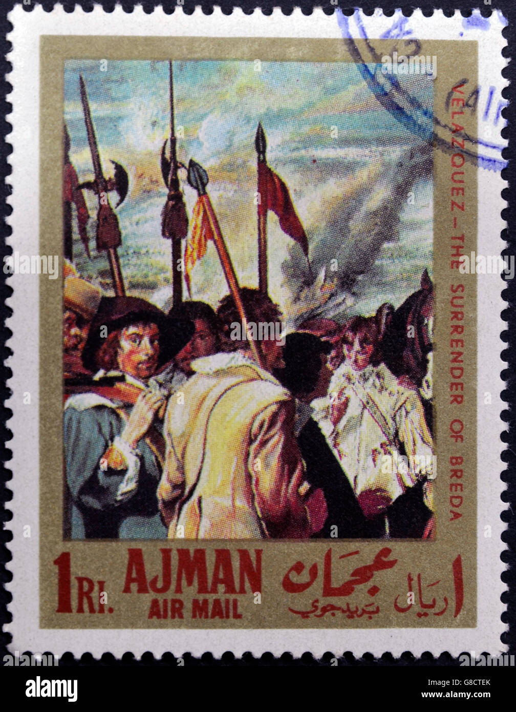 AJMAN - CIRCA 1968: A stamp printed in Ajman shows 'the surrender of Breda' by Velazquez, circa 1968 Stock Photo