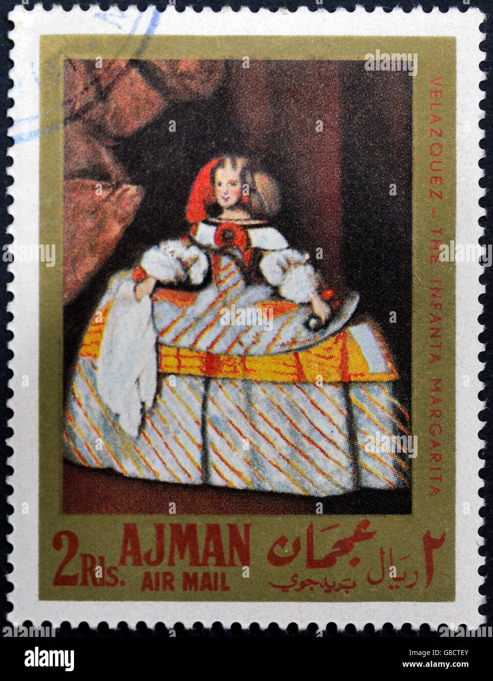 AJMAN - CIRCA 1968: A stamp printed in Ajman shows 'the Infanta Margarita' by Velazquez, circa 1968 Stock Photo