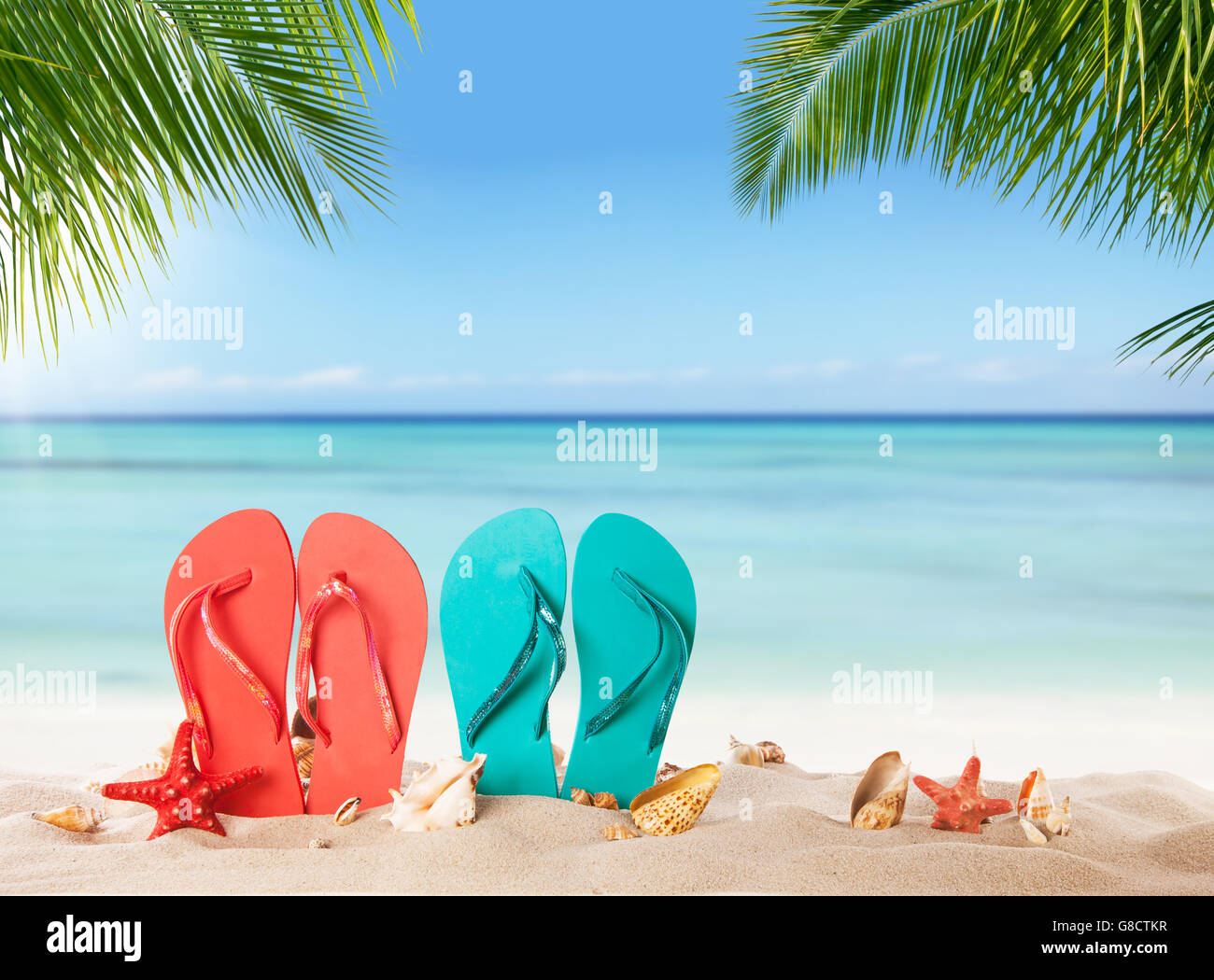 Summer Flipflops On Sandy Beach Blur Sea On Background Summer Exotic Relaxation Concept Stock Photo Alamy