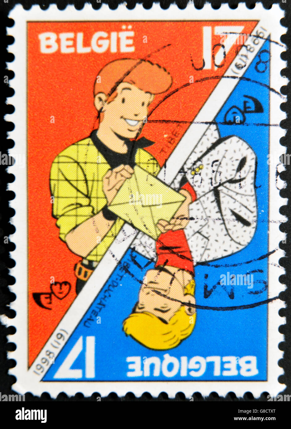 BELGIUM - CIRCA 1998: A stamp printed in Belgium shows Hero of the comic strips and Playing card, circa 1998 Stock Photo
