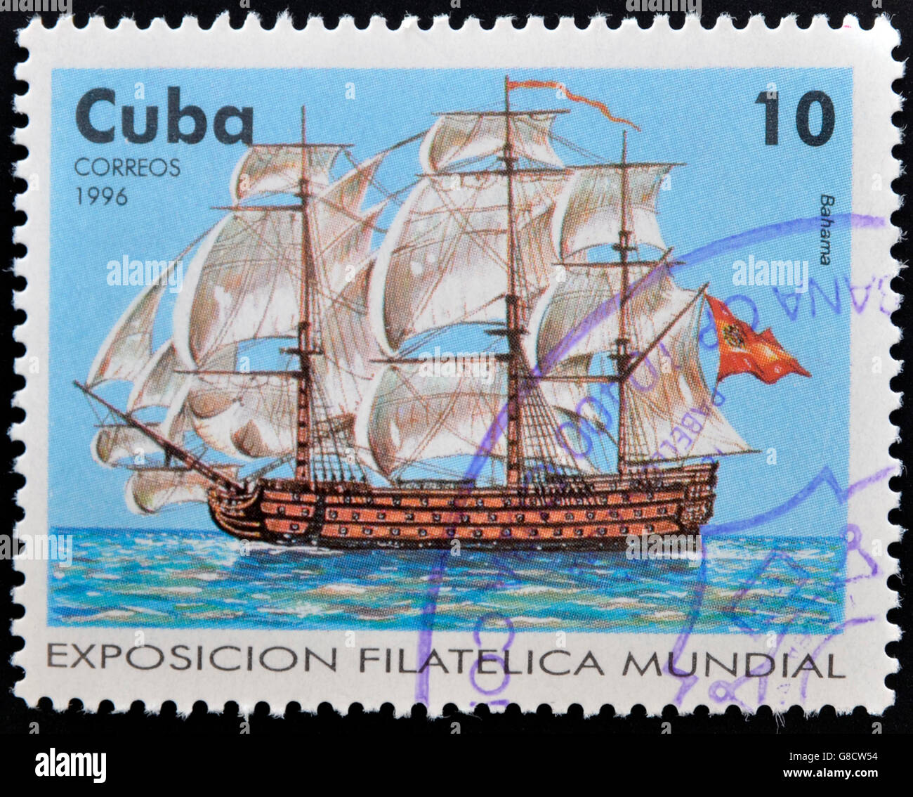 CUBA - CIRCA 1996: A stamp printed in Cuba show antique sail frigate, circa 1996 Stock Photo