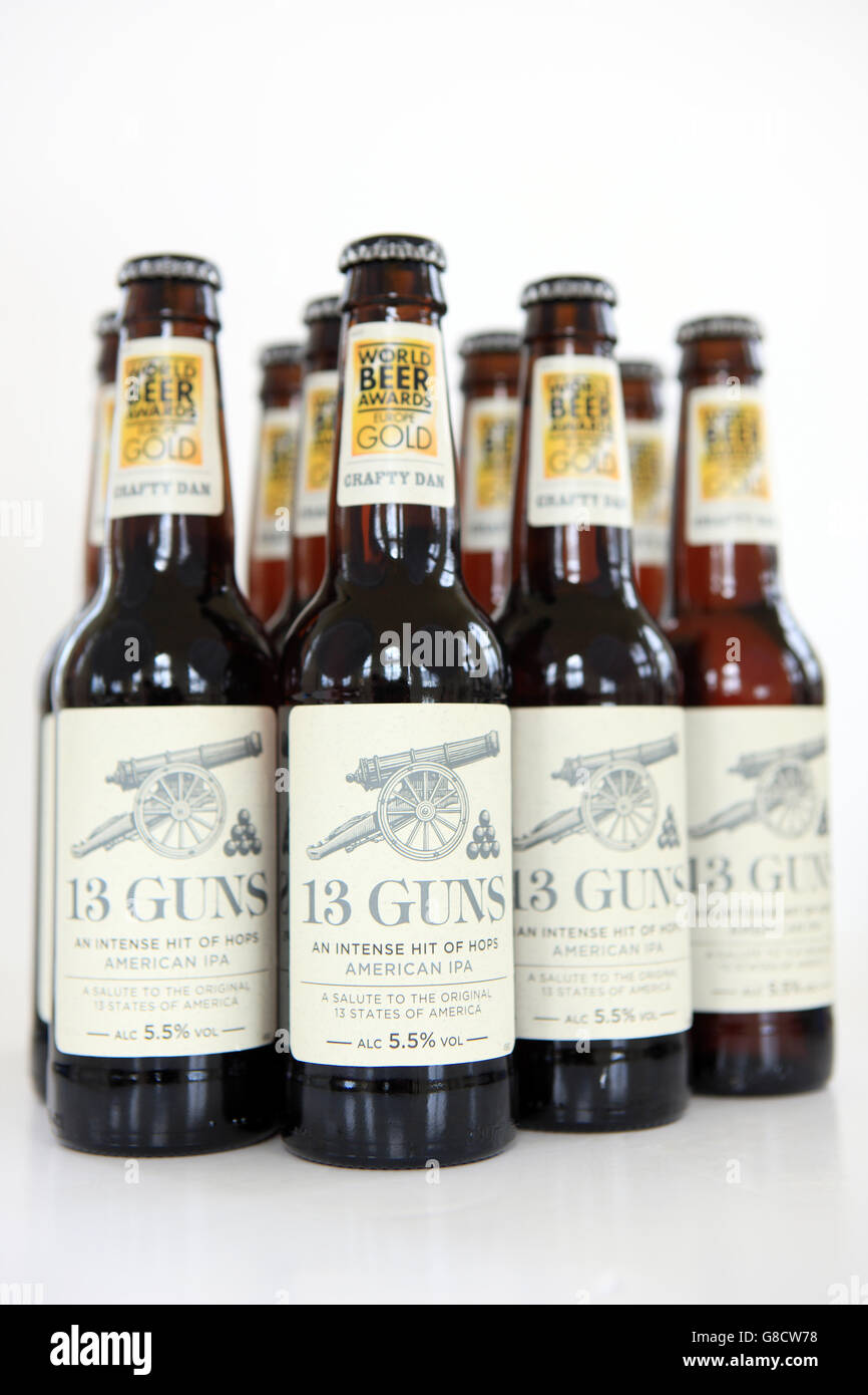 Bottles of 13 Guns American style IPA brewed in Lancashire, England Stock Photo