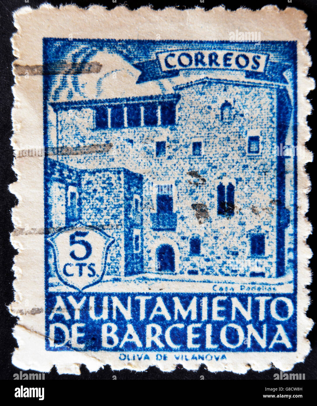 SPAIN CIRCA 1943 A stamp printed by the City of Barcelona showing the house Padellàs, circa