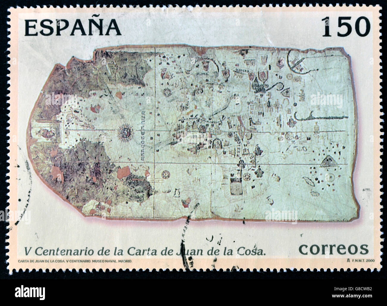 SPAIN  - CIRCA 2000: A stamp printed in Spain shows map of Juan de la Cosa, circa 2000 Stock Photo