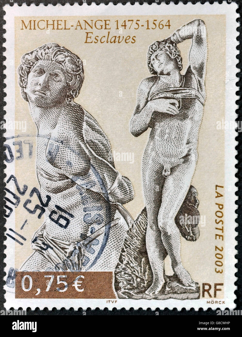 FRANCE - CIRCA 2003: A stamp printed in France shows Slaves sculptures by Michelangelo, circa 2003 Stock Photo