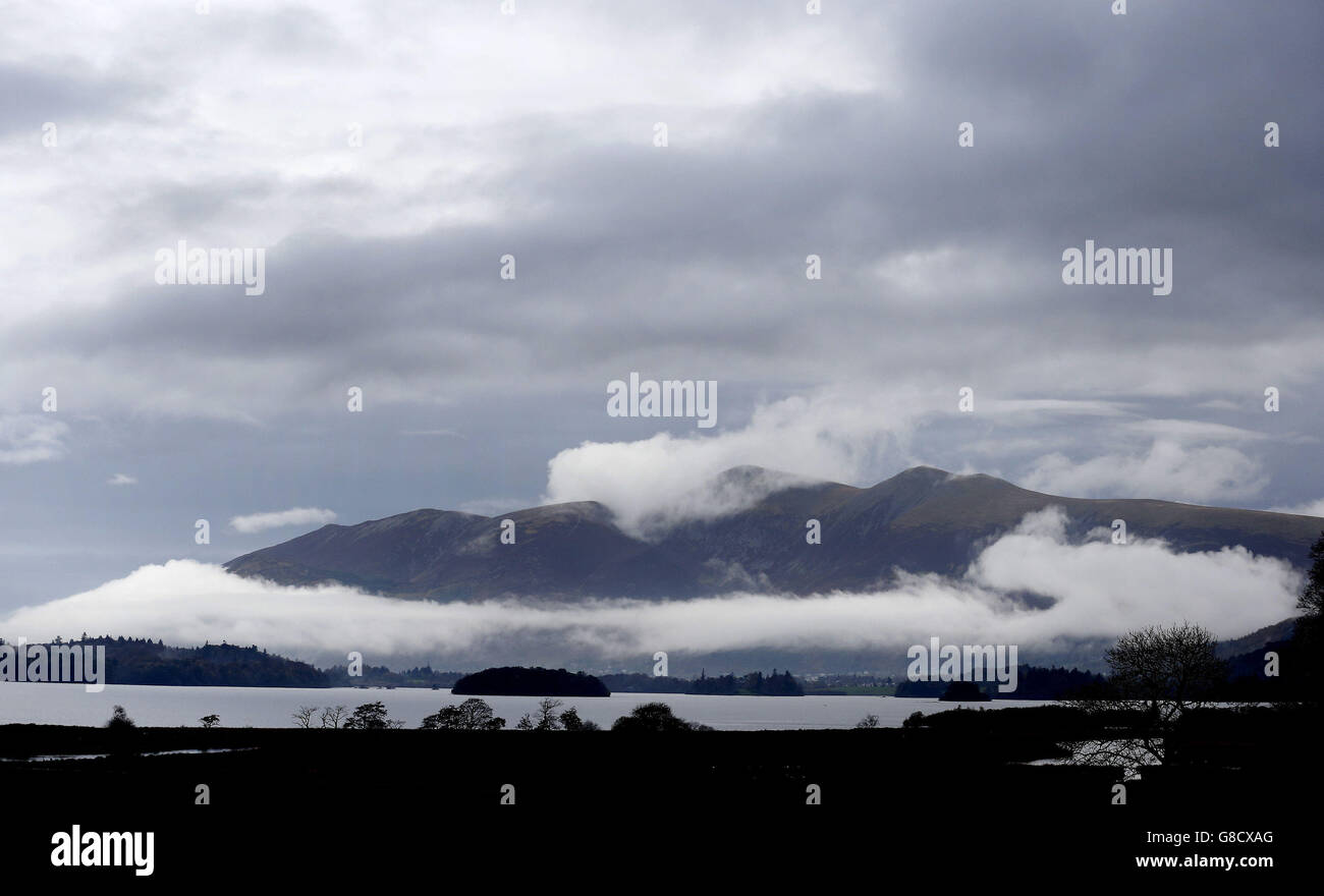 Mist cloud envelopes skiddaw mountain town keswick hires stock