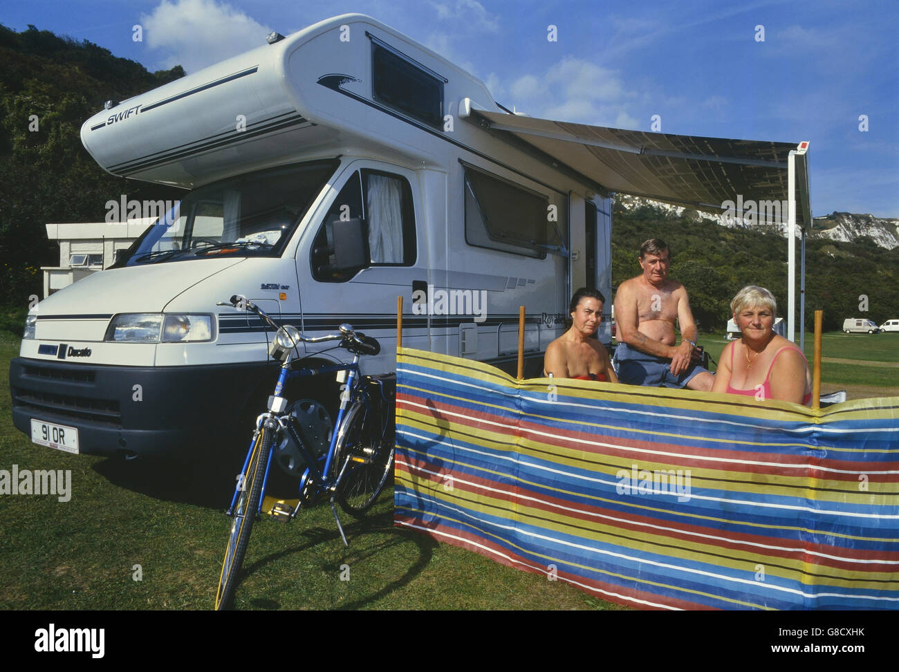 Camper van holiday makers. White cliffs. Kent. England. UK Stock Photo
