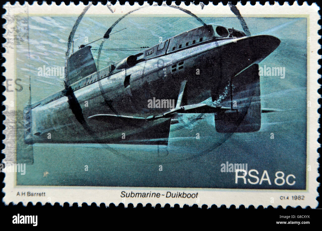 SOUTH AFRICAN - CIRCA 1982: A stamp printed in RSA shows submarine Duikboot, circa 1982 Stock Photo