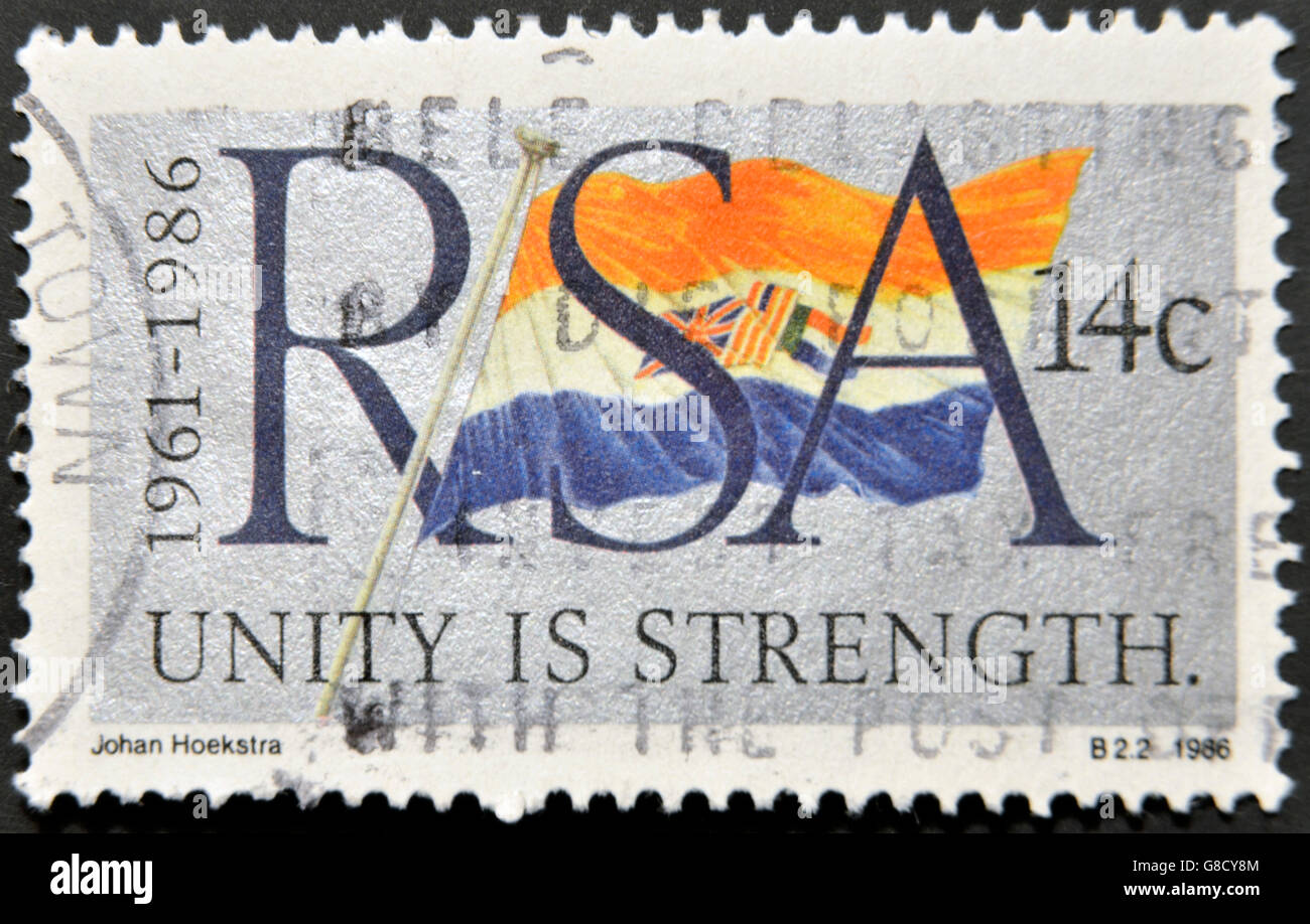 REPUBLIC OF SOUTH AFRICA - CIRCA 1986: A stamp printed in RSA shows the flag, circa 1986 Stock Photo