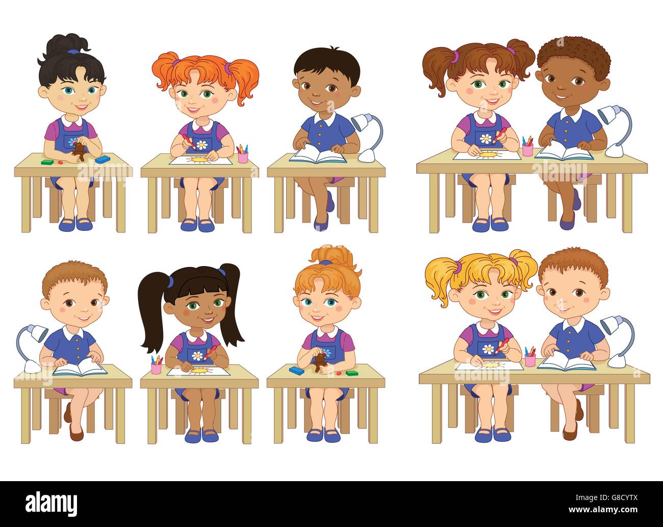 Set funny pupils sit on desks read draw clay cartoon illustration Stock Vector