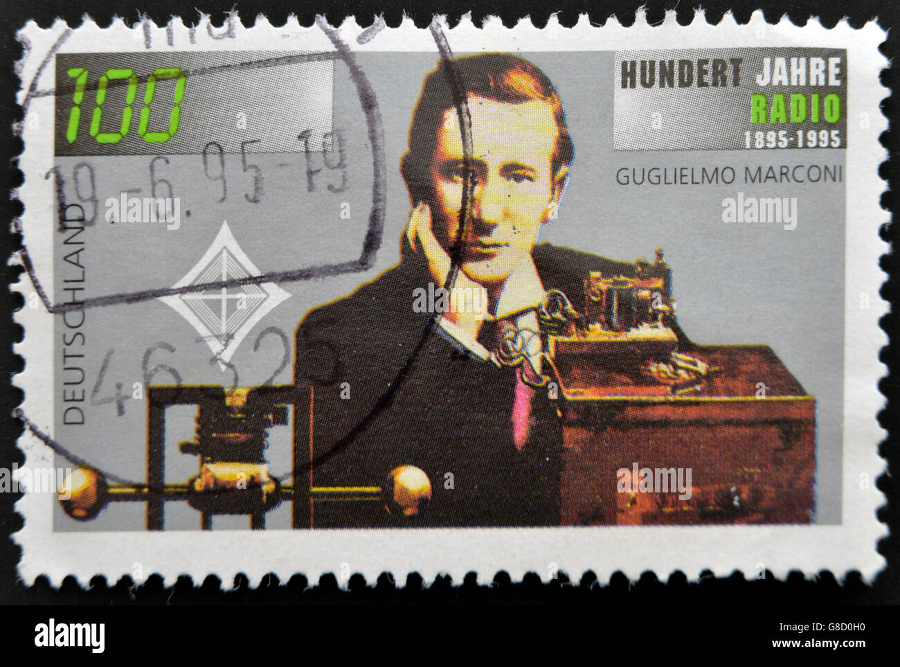 GERMANY - CIRCA 1995: a stamp printed in Germany shows Guglielmo Marconi and Transmitting Equipment, Centenary of Radio, circa 1 Stock Photo