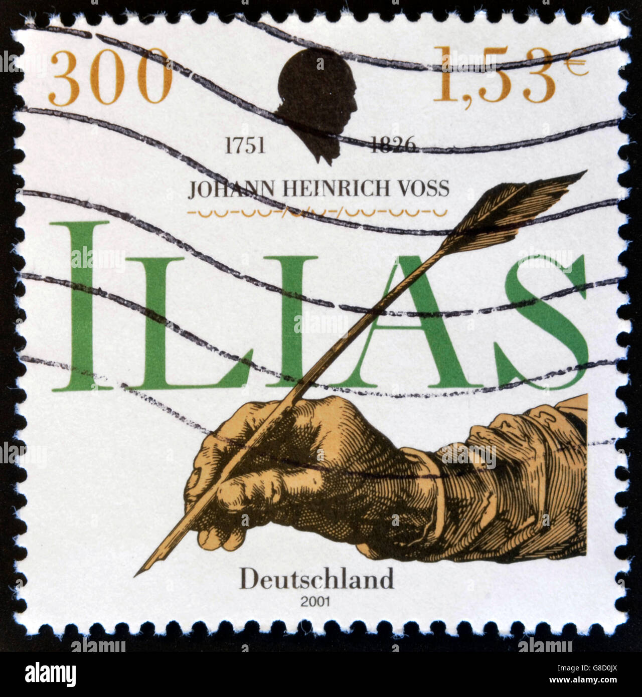 GERMANY- CIRCA 2001: stamp printed in Germany shows Hand writing with feather, Johann Heinrich Voss, circa 2001. Stock Photo