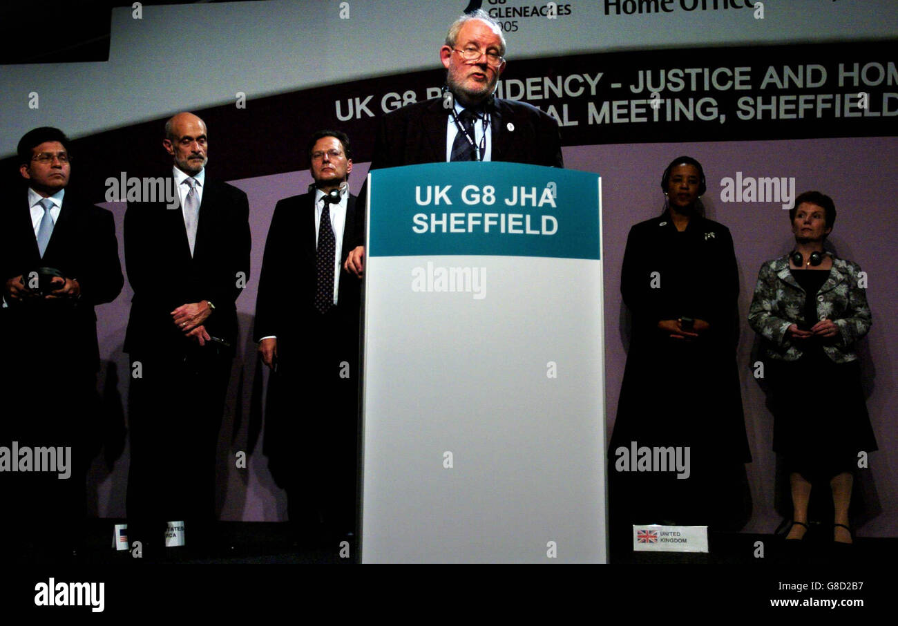 Home Secretary Charles Clarke, makes a speech at the close. Standing behind him are (from left to right) Alberto Gonzales, the American Attorney General, American Secretary of Homeland Security Michael Chirtoff, Lord Goldsmith, Baroness Scotland and Hazel Blears. Stock Photo