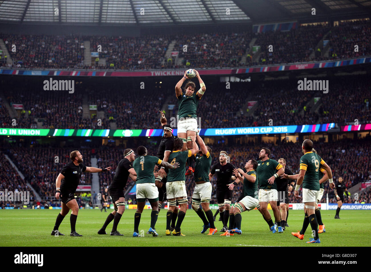 South Africa's Eben Etzebeth wins a line out during the Rugby World Cup