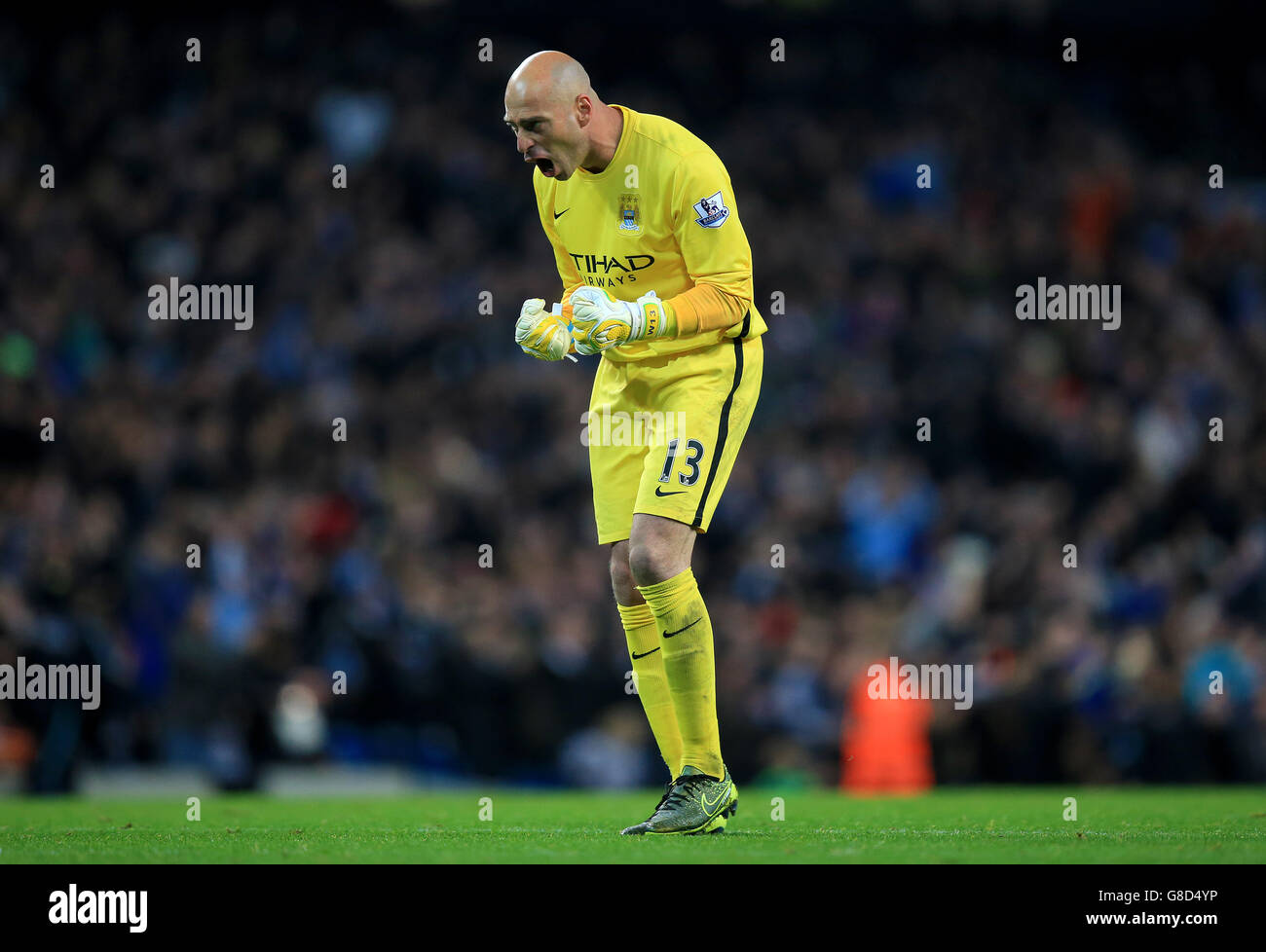 Manchester City goalkeeper Willy Caballero celebrates his side's third goal during the Capital One Cup, Fourth Round match at the Etihad Stadium, Manchester. Stock Photo