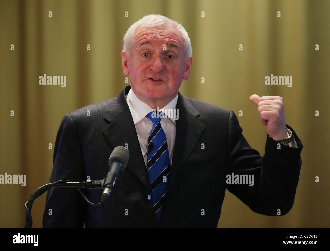 Former Taoiseach Bertie Ahern speaking during the Newry Mourne and Down District Council hosted Brexit - The Big Debate on the implications of a UK exit from the EU at the Canal Court Hotel in Newry, Northern Ireland. Stock Photo