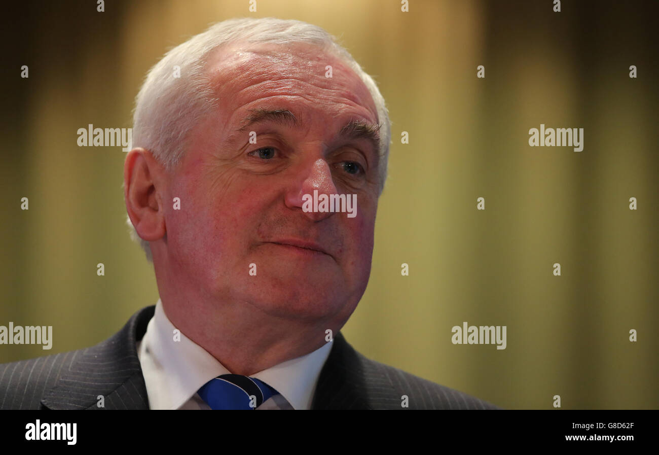 Former Taoiseach Bertie Ahern speaking during the Newry Mourne and Down District Council hosted Brexit - The Big Debate on the implications of a UK exit from the EU at the Canal Court Hotel in Newry, Northern Ireland. Stock Photo