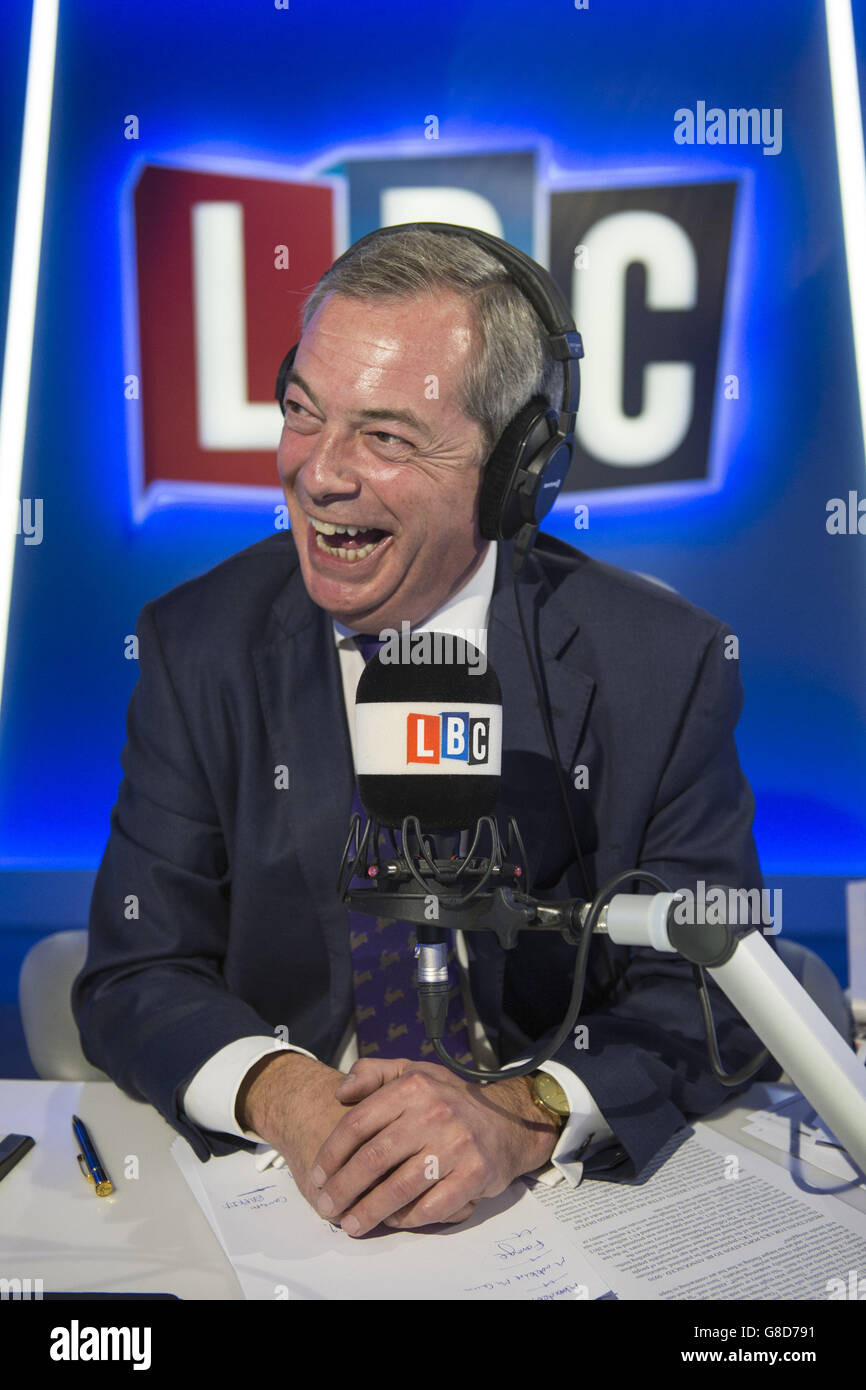 Ukip party leader Nigel Farage in the LBC studio in Leicester Square, London, as he prepares to host his own late-night show on LBC. Stock Photo