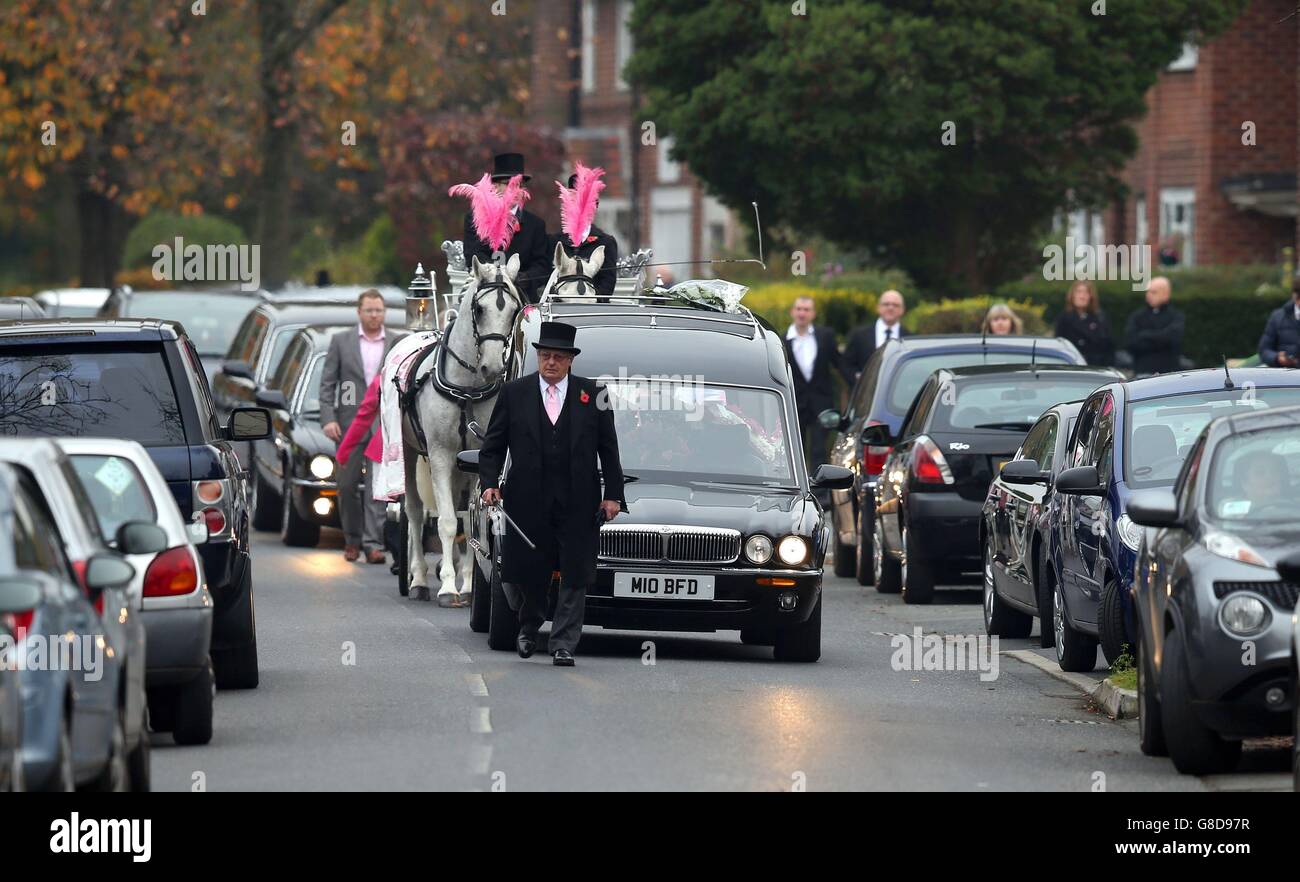 The cortege arriving for the funeral of prolific fundraiser Kirsty Howard, who was born with her heart back to front, at St Michael & All Angels Church in Northern Moor, Manchester. Stock Photo
