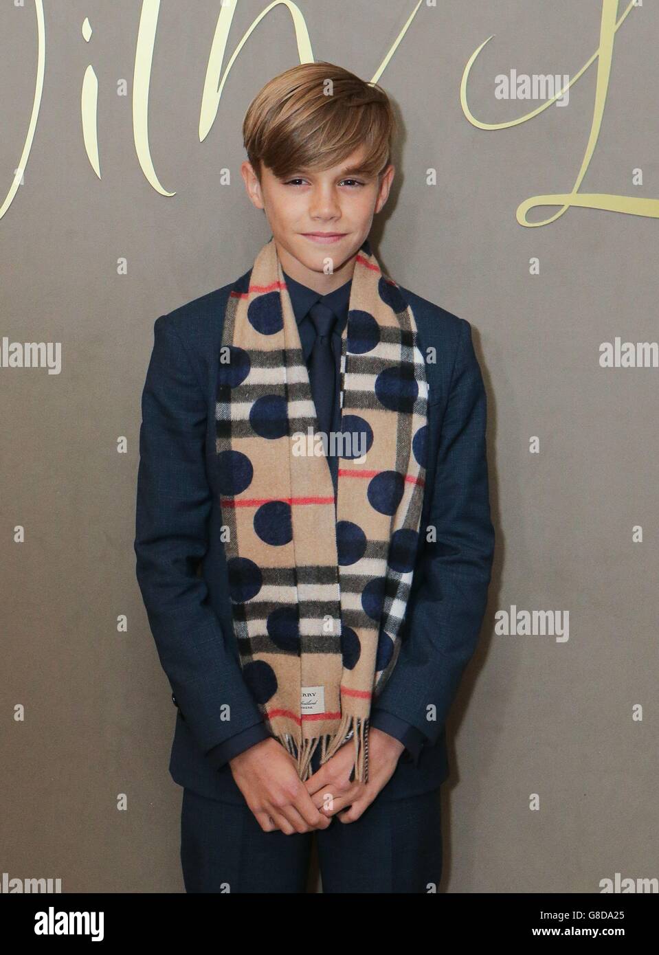 Romeo Beckham arriving for the premiere of the Burberry festive film,  hosted by chief creative and chief executive officer Christopher Bailey and  Elton John at Burberry, Regent Street, London Stock Photo -