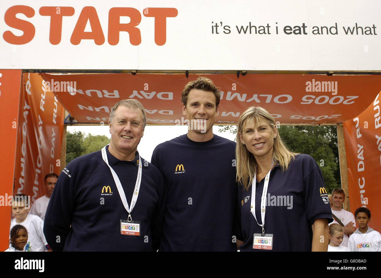 (From left to right) Sir Geoff Hurst MBE, James Cracknell OBE and Sharron Davies MBE, join forces to inspire kids to take more exercise. Stock Photo