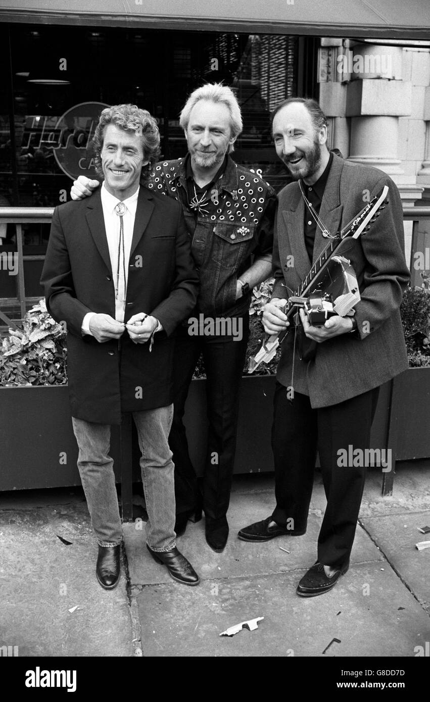 The Who, before the start of their British Tour. From left: Roger Daltrey, John Entwistle and Pete Townshend. Stock Photo