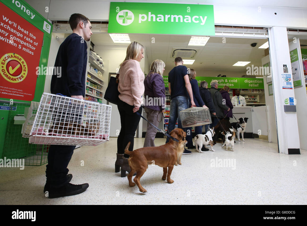 A queue of pets and their owners at an Asda Pharmacy waiting to use the