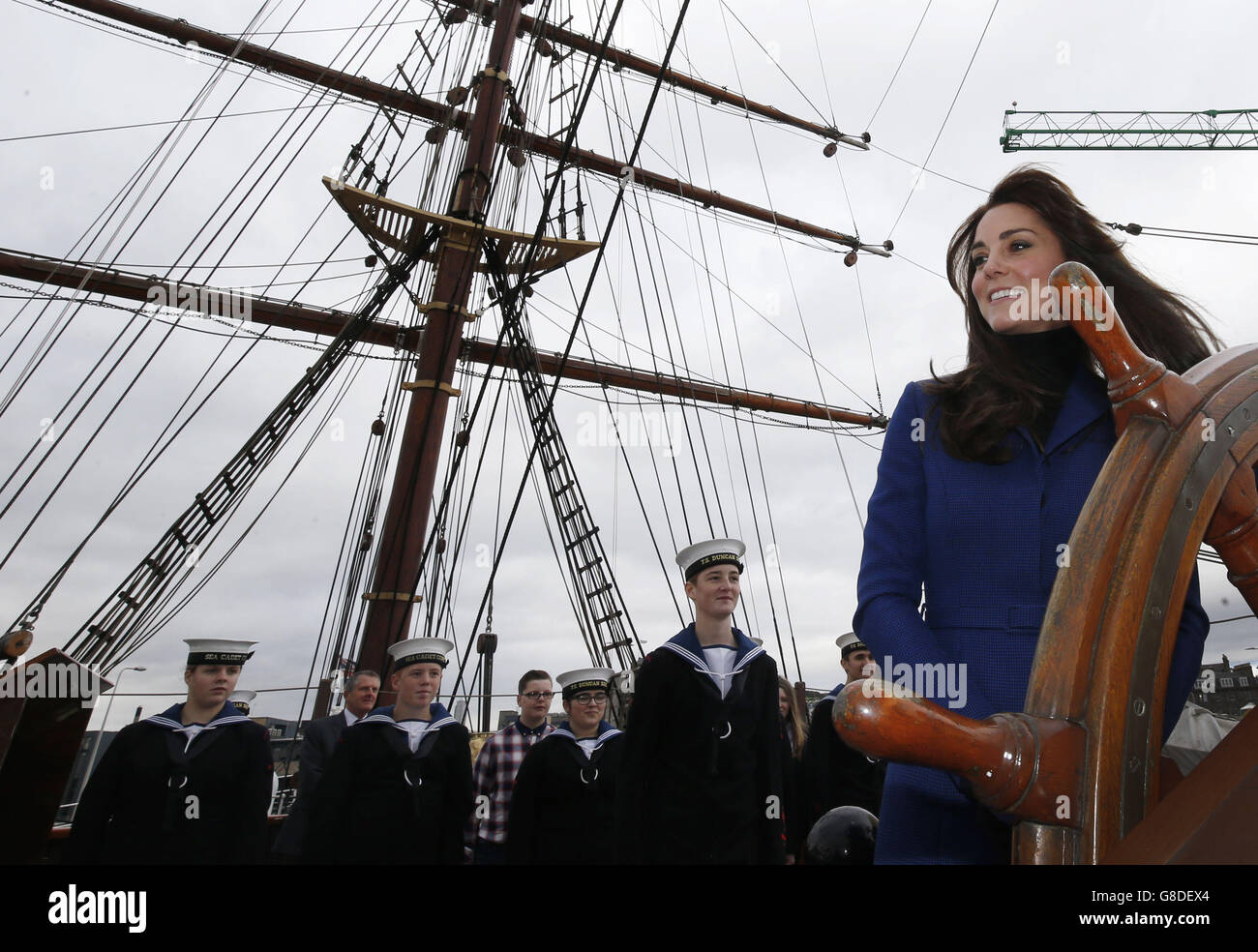 The Duchess of Cambridge, who is also known as the Countess of Strathearn in Scotland during her visit to the original Royal Research Ship Discovery as part of her and husband, the Duke of Cambridge, visit to Dundee in Scotland. Stock Photo
